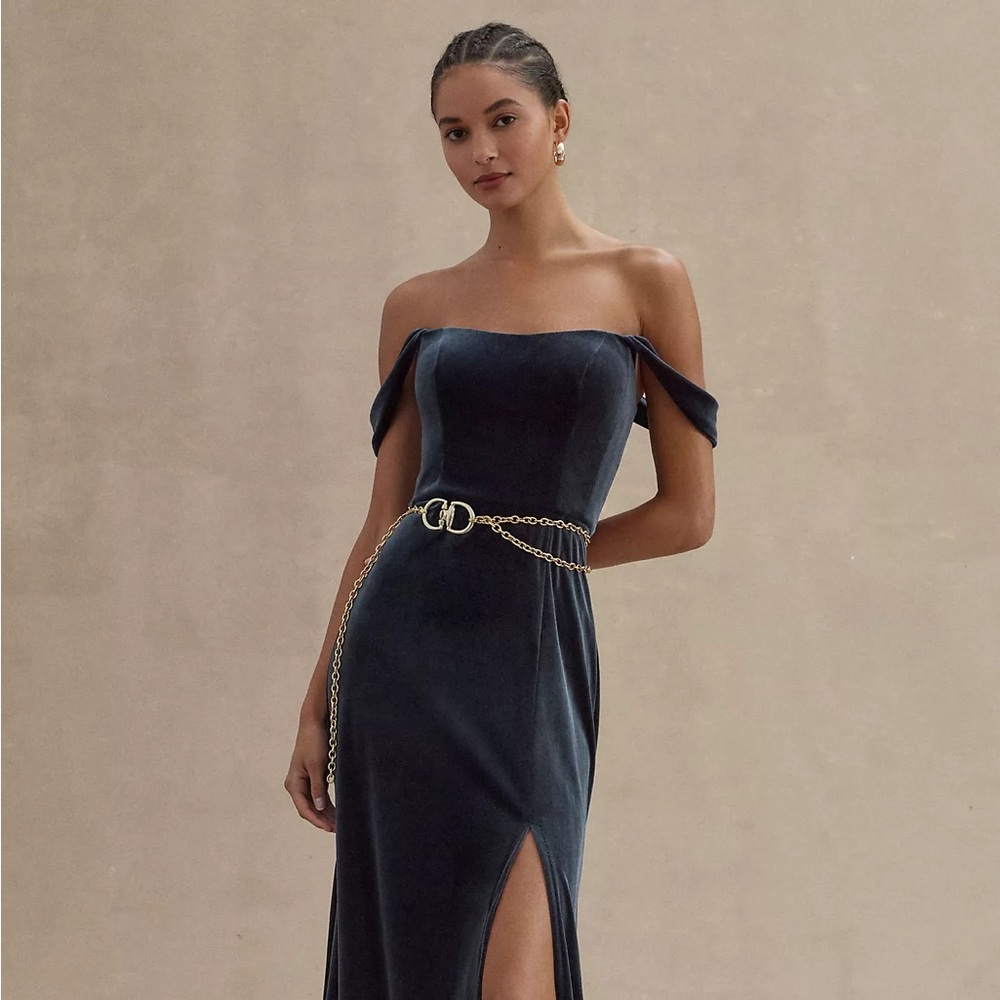 JENNY YOO ISSA OFF-THE-SHOULDER STRETCH VELVET GOWN, French Blue, Size 4